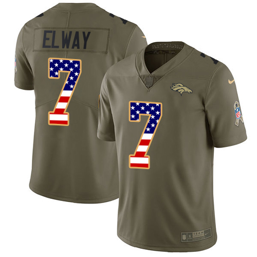 Nike Broncos #7 John Elway Olive/USA Flag Men's Stitched NFL Limited Salute To Service Jersey - Click Image to Close